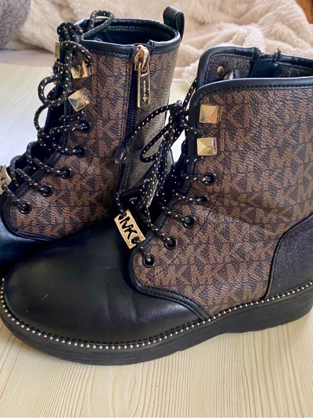 Michael Kors Black and Brown Logo Lace-Up Combat Boots